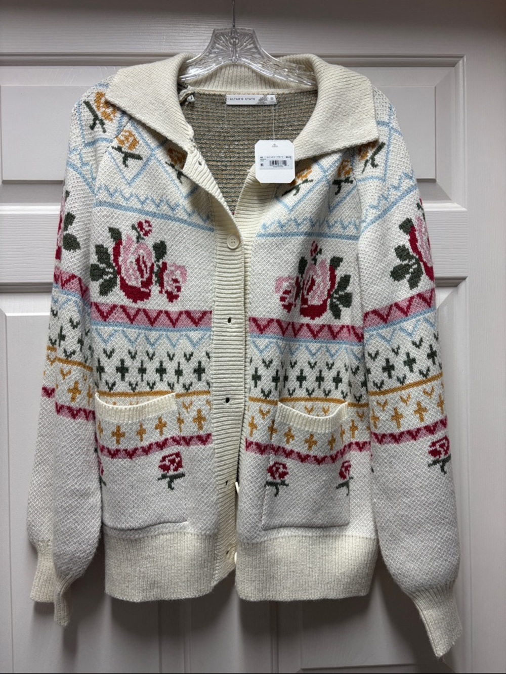 NWT Altar’d state Cozy Floral Fair Isle Cardigan Sweater - Cream ROSE SMALL